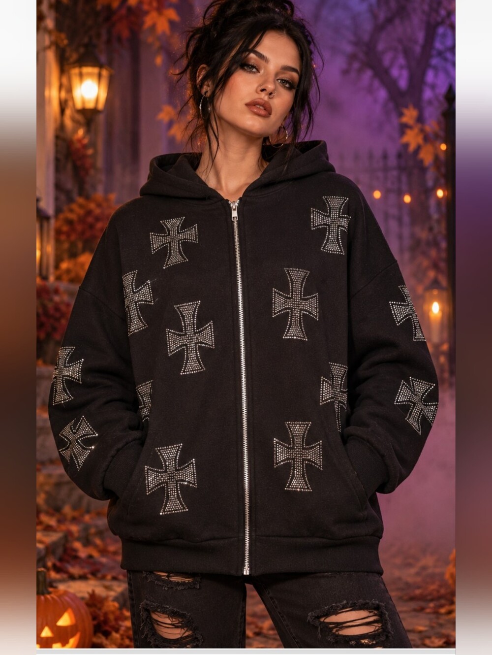 Black Rhinestone Cross Zip Up Hoodie Jacket XXL Gothic Y2K